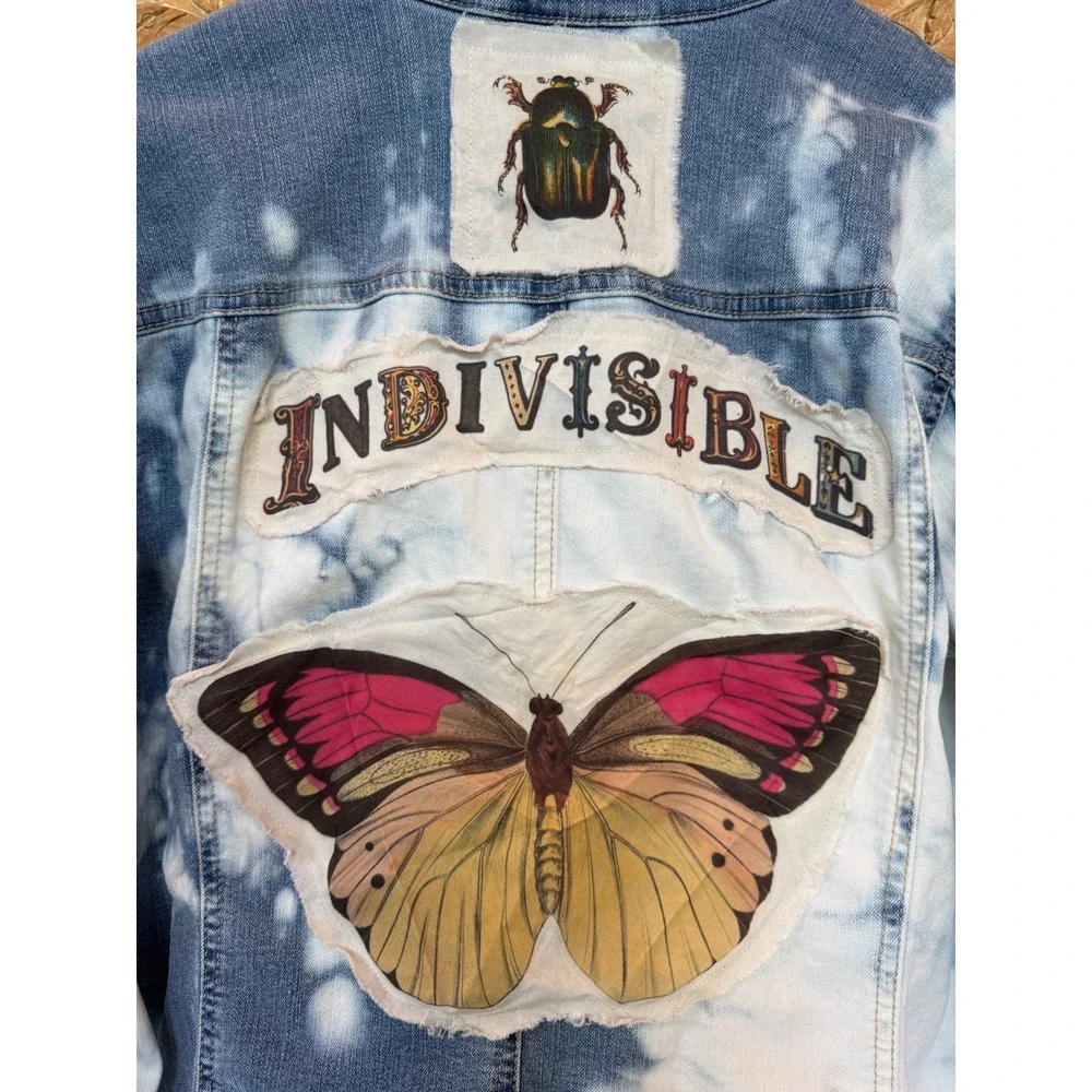 Upcycled Denim Jacket Butterfly Folk Art Jacket Bleached Jean Jacket Large